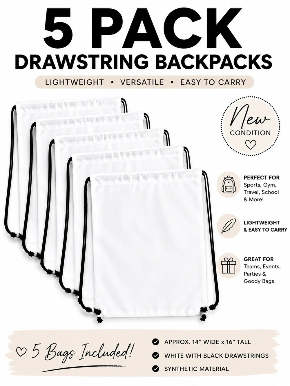 5 Pack White Drawstring Backpacks Cinch Gym Sport Bags 14x16 - New